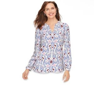 EUC Talbots Band Collar Popover Hearts Flowers Pullover Blouse Small‎ white blue